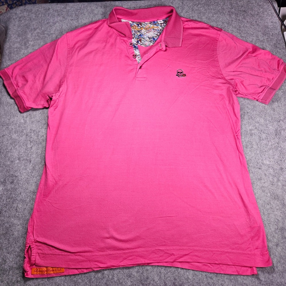Robert Graham Mens Pink Skull Rose Embroidered Classic Fit Polo Casual Size L